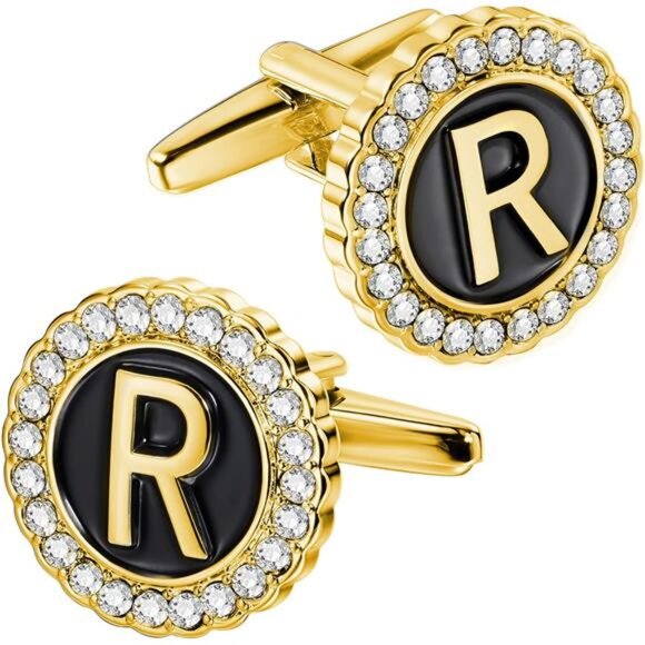 A-Z Initial Cufflinks for Men and Women with Clear Crystal, Gold Silver Color - Picture 1 of 7